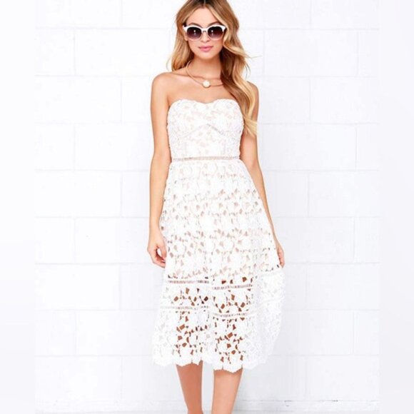 LULUS Pinnacle of Prestige Ivory Lace Midi Dress Strapless White Bridal Size XS - Picture 3 of 16